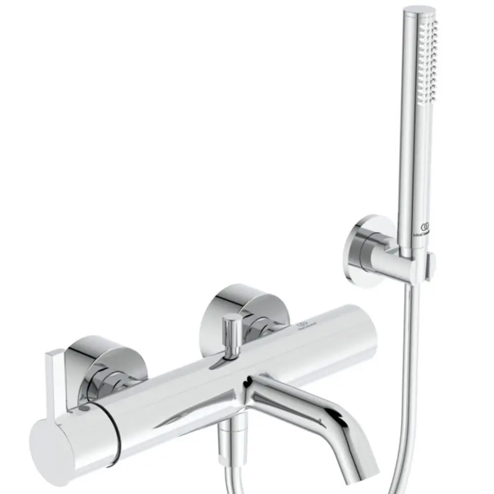 Waschbeckenarmatur in Chromoptik mit Handbrause, Schlauch und Wandhalter, passend für Badezimmer, hergestellt von Ideal Standard.
